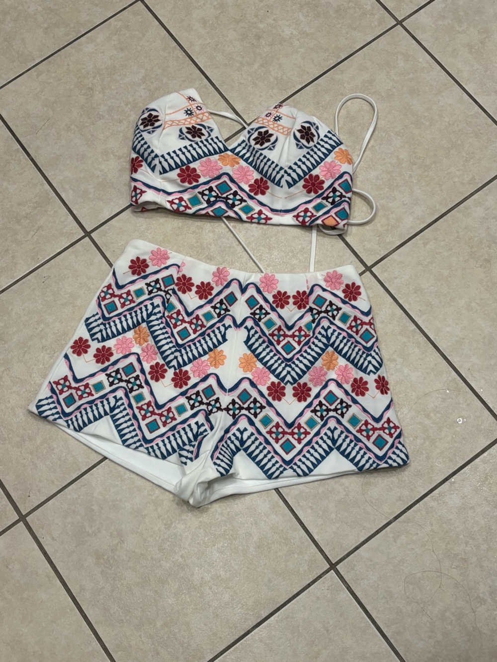 Lulu's White Top and bottoms with Pink and Orange Embroidered Floral Detail